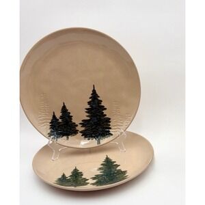 Potters Studio Set of 2 Rustic Ceramic Dinner Plates Forest Pine Trees Beige